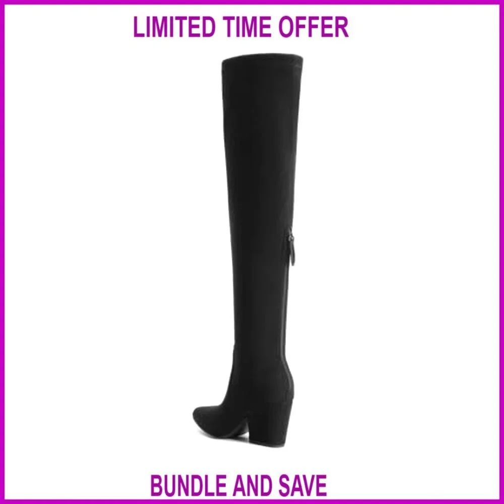 Pointed Toe Thigh High Boots Chunky Block Heel Over the Knee